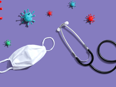 Stethoscope and mask with germ models on a purple background