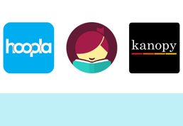 hoopla, Libby, and Kanopy logos