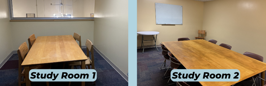 On left: Room with one wooden table and four chairs. On right: Room with large wooden table, whiteboard, and eight chairs.