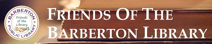 friends of the library logo with 'friends of the barberton library' white text over a background of stacked books
